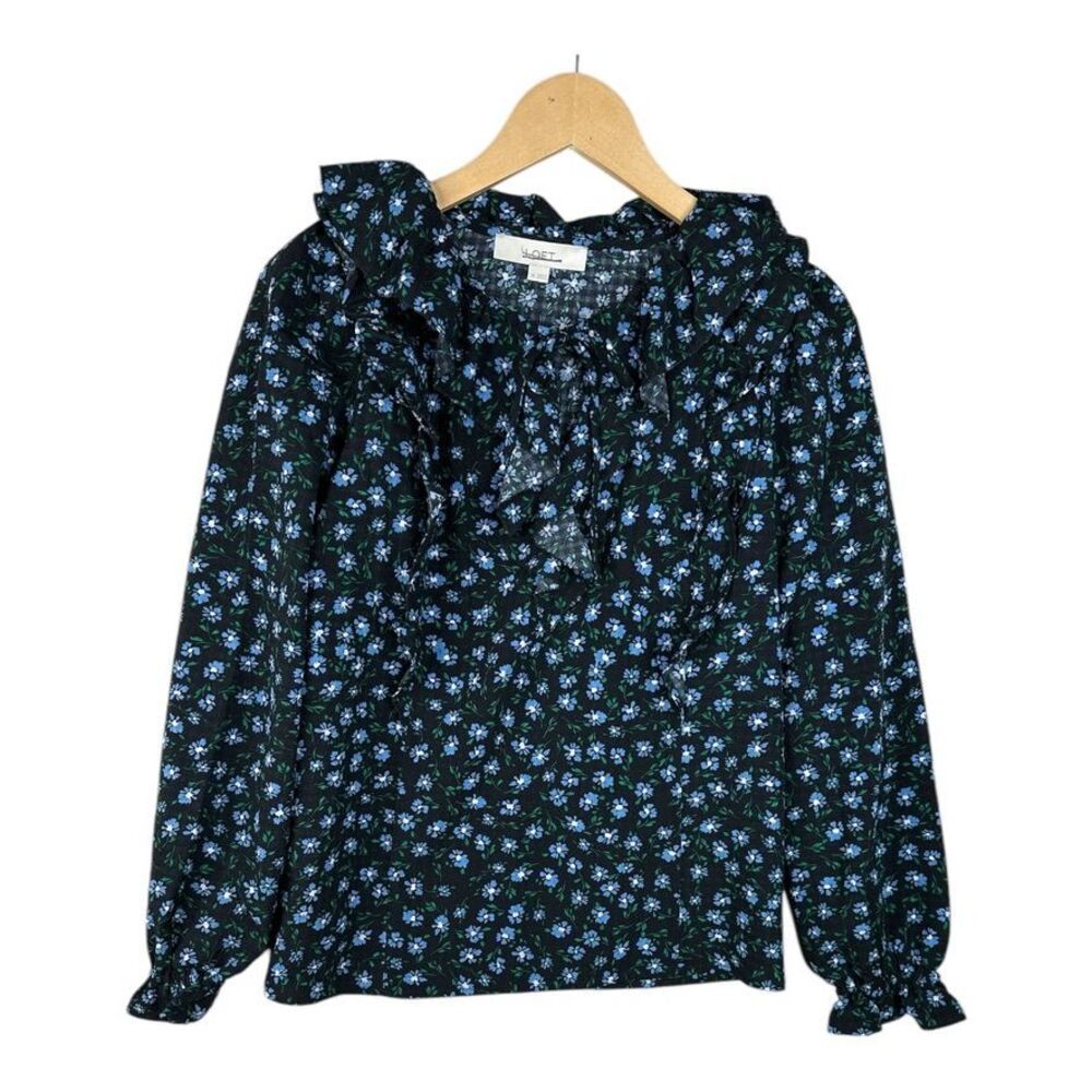 LOFT Floral Ruffle Neck Blouse Size XS Blue